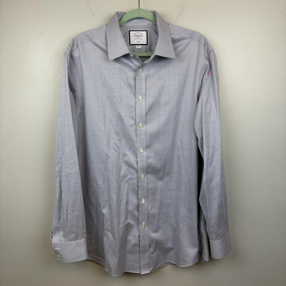 Charles Tyrwhitt Shirt‎ Mens 17/36 Blue Non Iron Slim Fit Gingham Check Dress